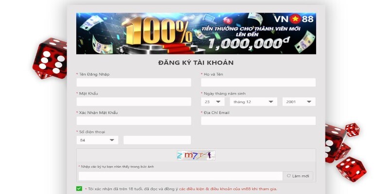 Biểu mẫu tạo tài khoản cá cược tại trang web VN88